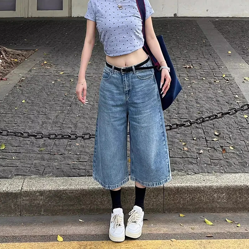 微胖mm美式水洗做旧七分牛仔裤女夏季宽松显瘦高腰百搭直筒短裤子