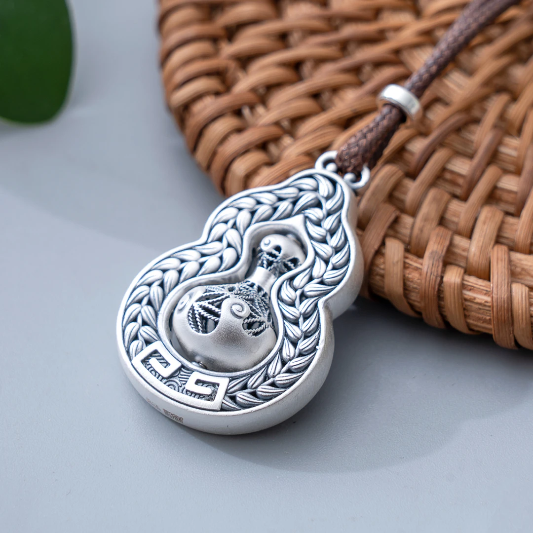 吊坠足银 足银999复古可转动葫芦纯银吊坠新中式锁骨链项链毛衣链