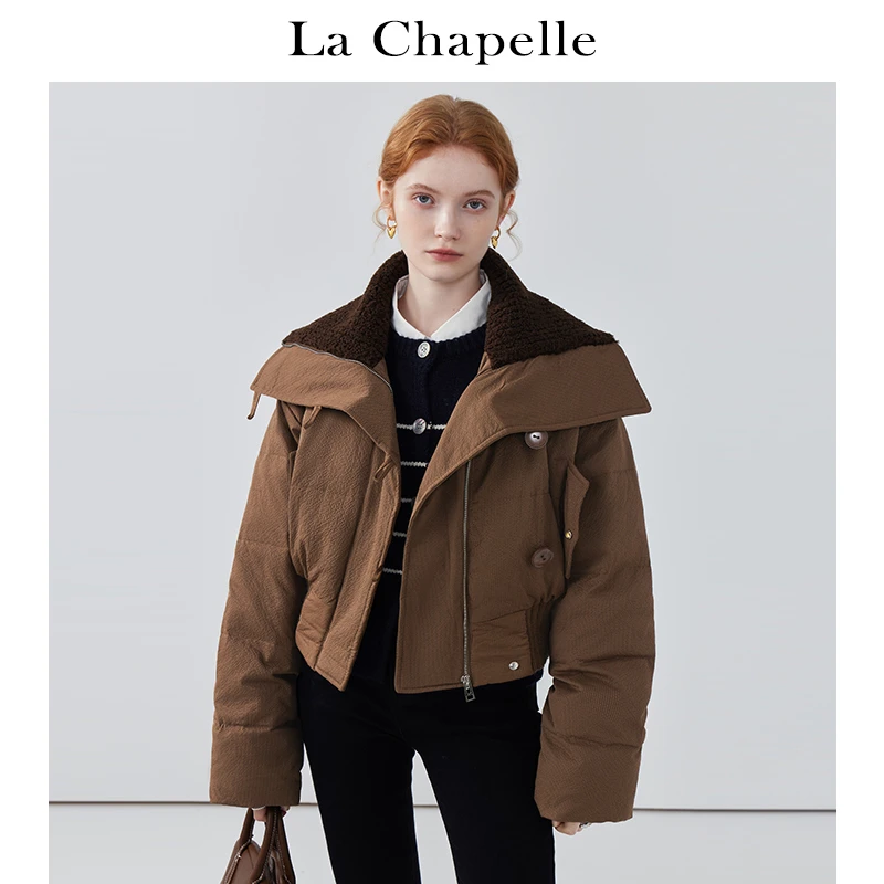 拉夏贝尔米白色春季新款针织领短款羽绒服女大翻领加厚外套高级