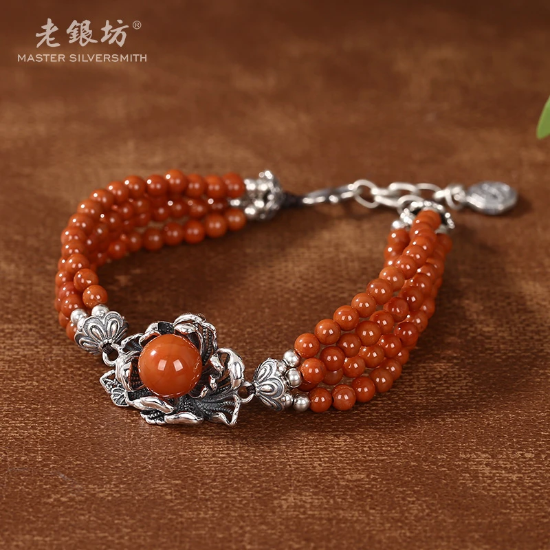 【老银坊】s925银四股南红花丝牡丹花手链 0033785