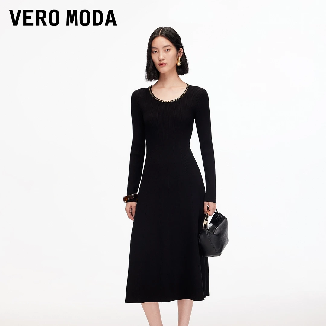 Vero Moda连衣裙2025秋冬新款链条垂坠感A字针织连衣裙显瘦百搭