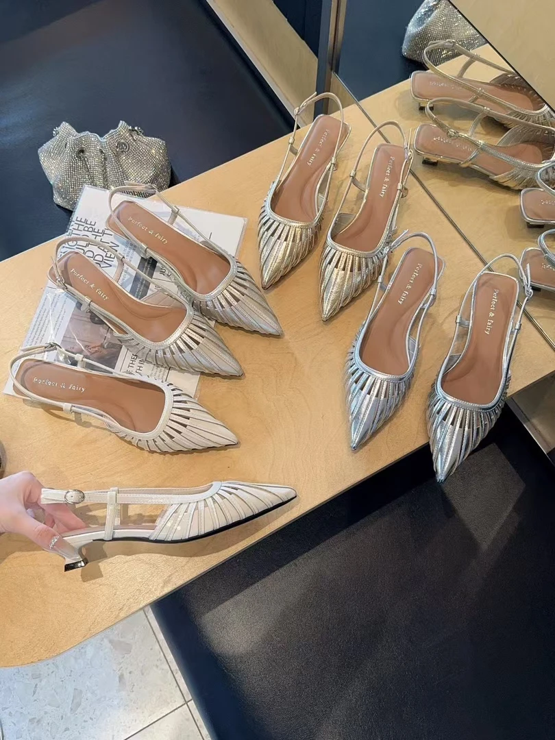 372凉鞋时装修面皮浅口法式尖头时装凉鞋春夏低跟