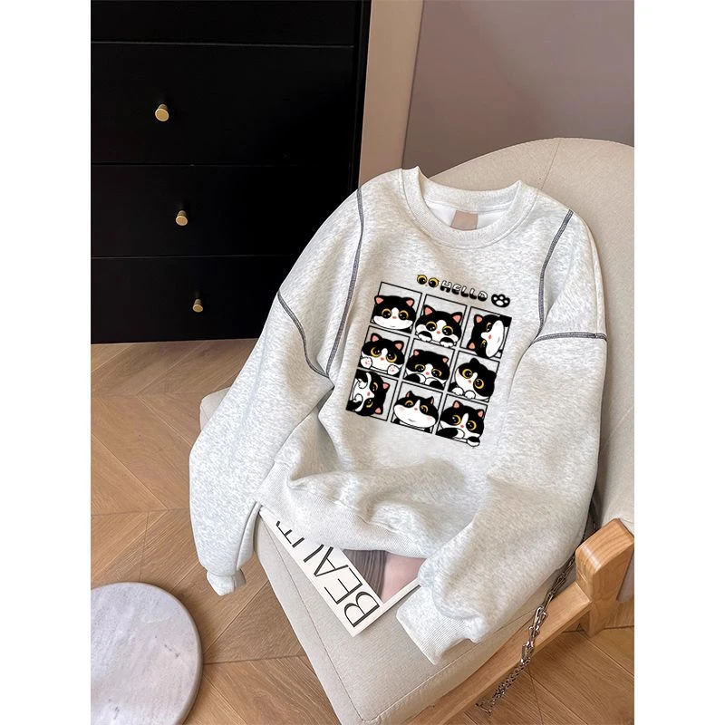 白灰色卫衣男女秋冬2025新款美式复古慵懒风减龄宽松圆领薄款上衣