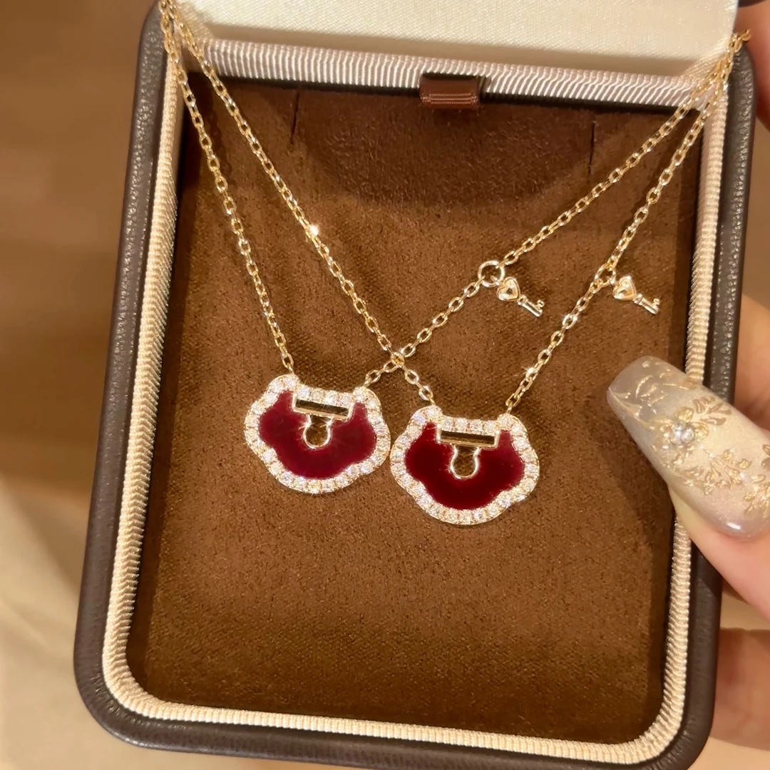 坠链均925银莫桑石 红色如意锁气质轻奢时尚百搭女士小众