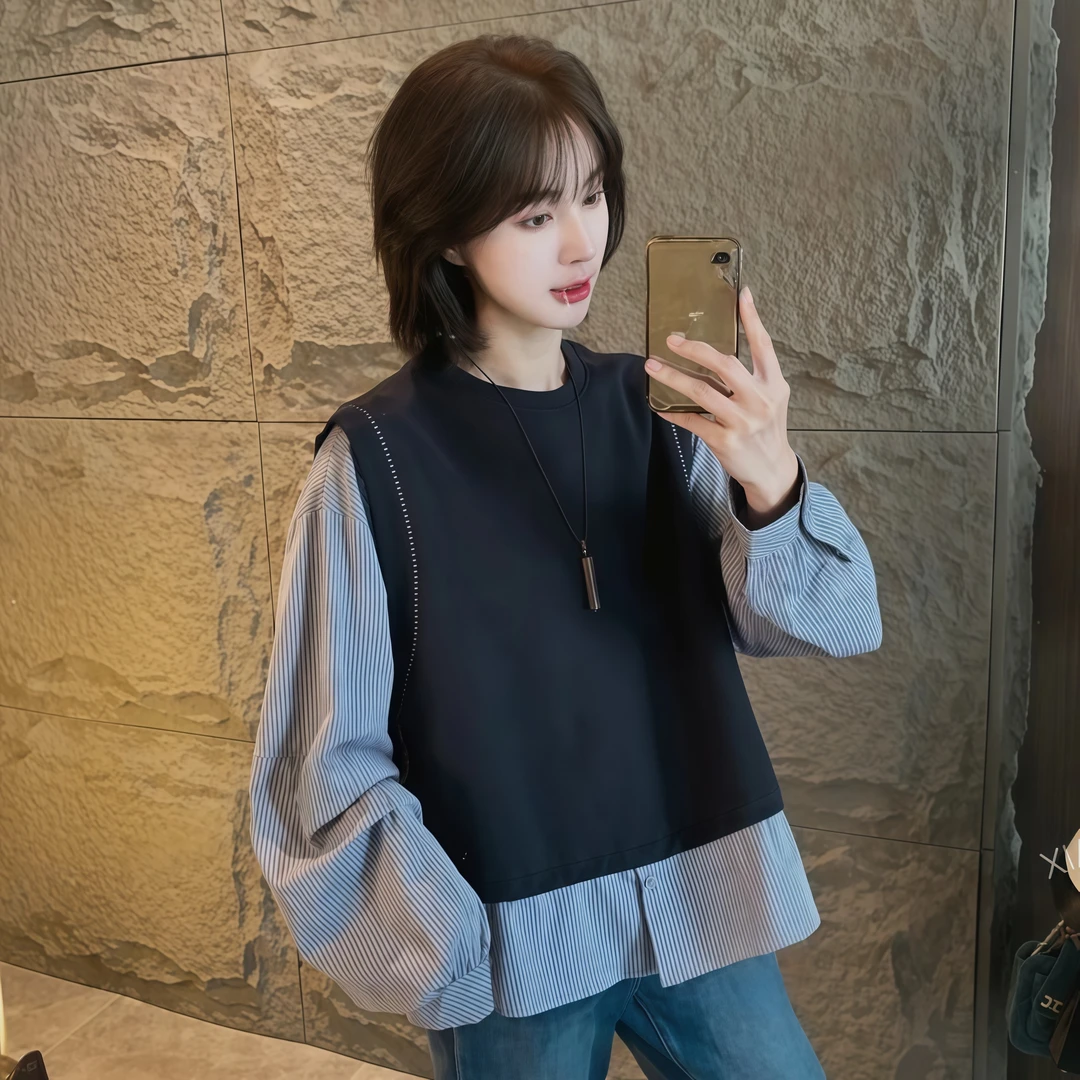 法式刺绣假两件衬衫卫衣女2025秋季新款高级感别致时尚减龄上衣女