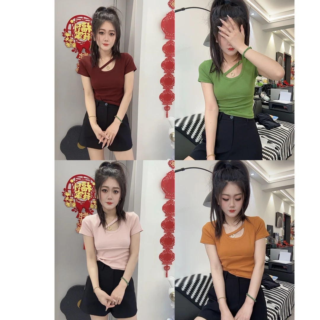 阿梦吖 高腰短款 显瘦圆领斜杠高弹力螺纹棉百搭短袖