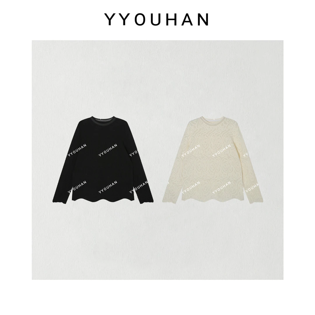 月月不吃鱼2025春款腰果花蕾丝贴布上衣绣波浪锁边上衣 2412B5959