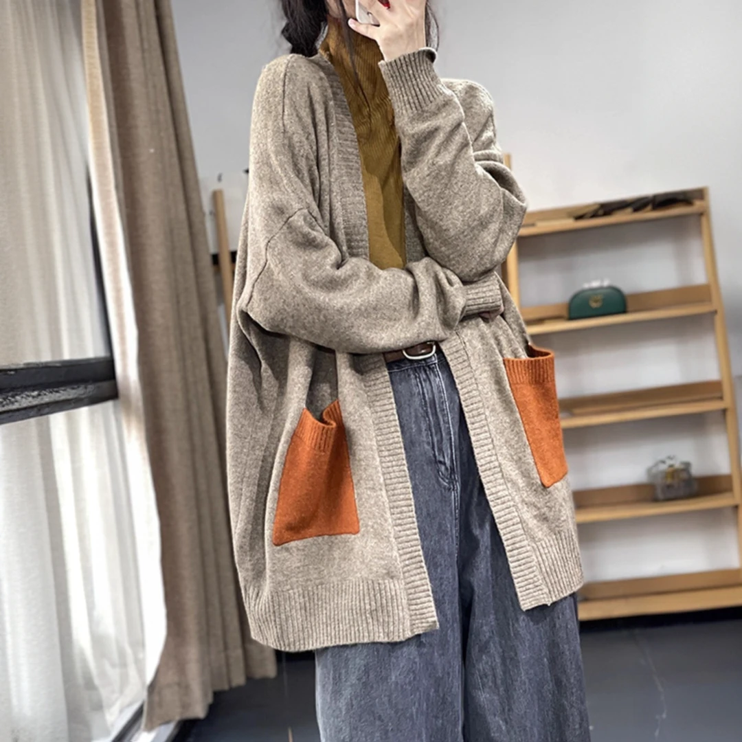 淑萸轻奢女装秋季宽松慵懒风毛衣复古拼接撞色中长款针织开衫外套