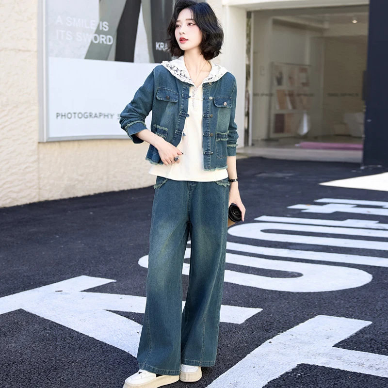 新中式牛仔套装女2025春季爆款时尚洋气减龄显瘦连帽卫衣三件套潮