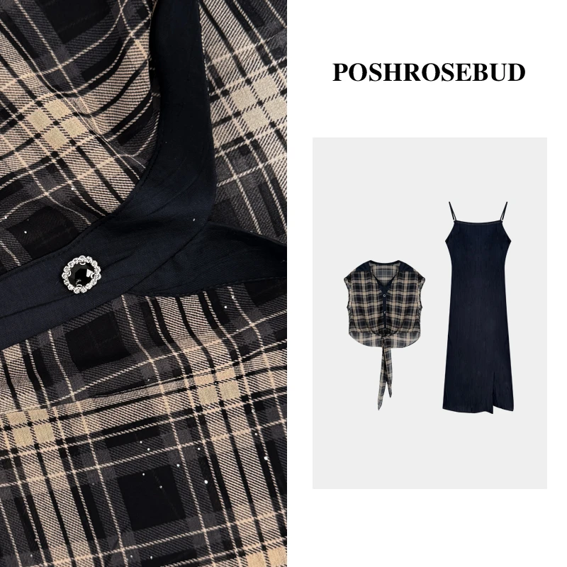 POSHROSEBUD设计师简约气质显瘦格子罩衫吊带裙两件套-T0190