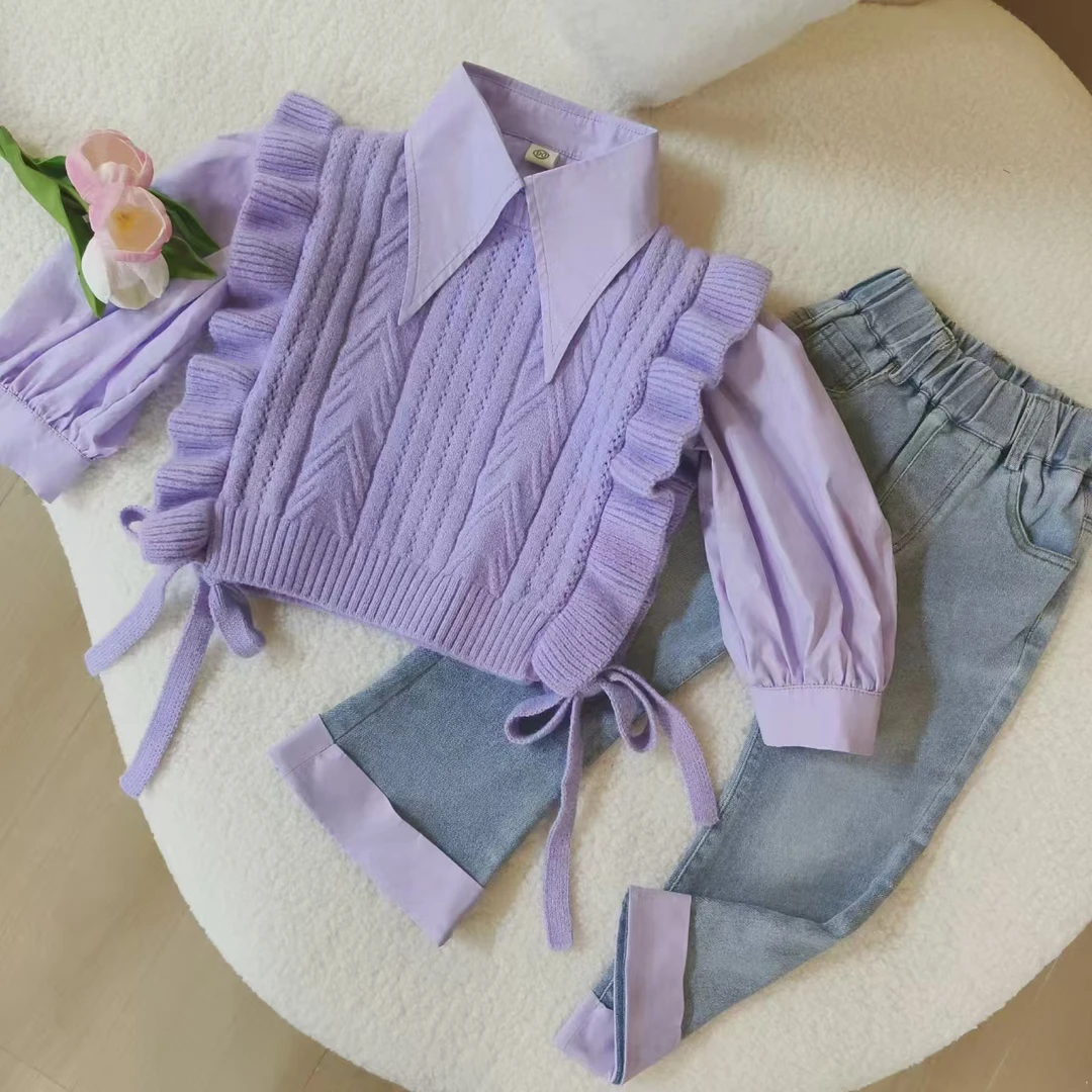 女童春秋款套装2025新款儿童装洋气中童毛线马甲衬衫牛仔裤套装