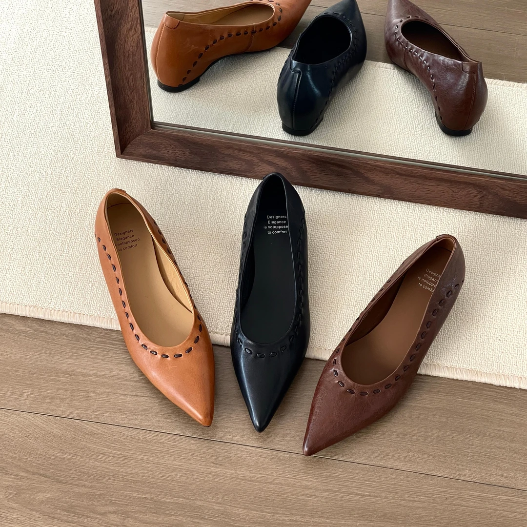 HUSSLOVE 头层牛皮去·跟高4.5CM·复古老钱风极简秋季内增高单鞋