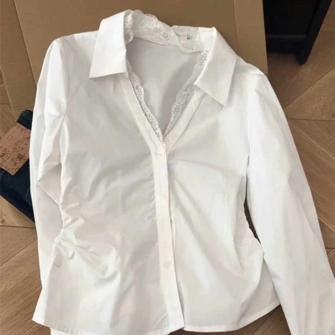 假两件蕾丝拼接长袖衬衫女2025春装polo领衬衣中长款白色防晒上衣