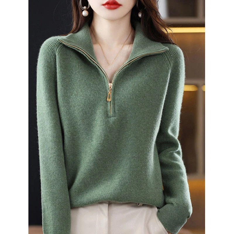 长袖套头半拉链设计感小众翻领百搭毛衣女秋冬气质通勤软糯针织衫