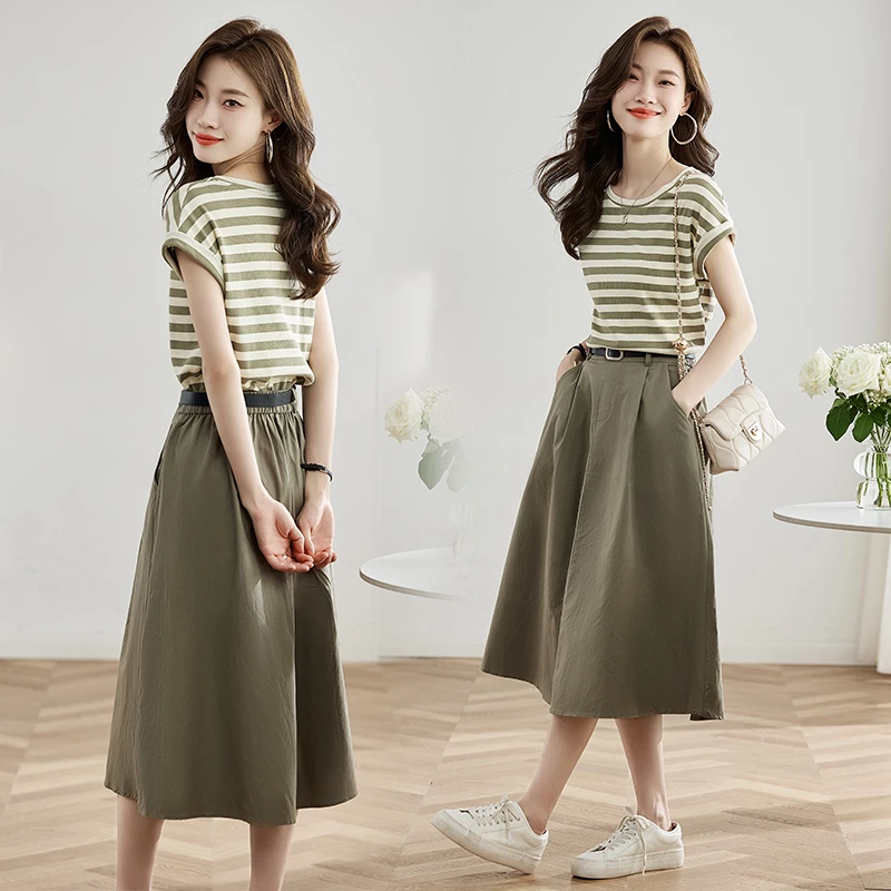 休闲时尚条纹t恤套装女2025夏季新款小个子收腰显瘦半身裙两件套