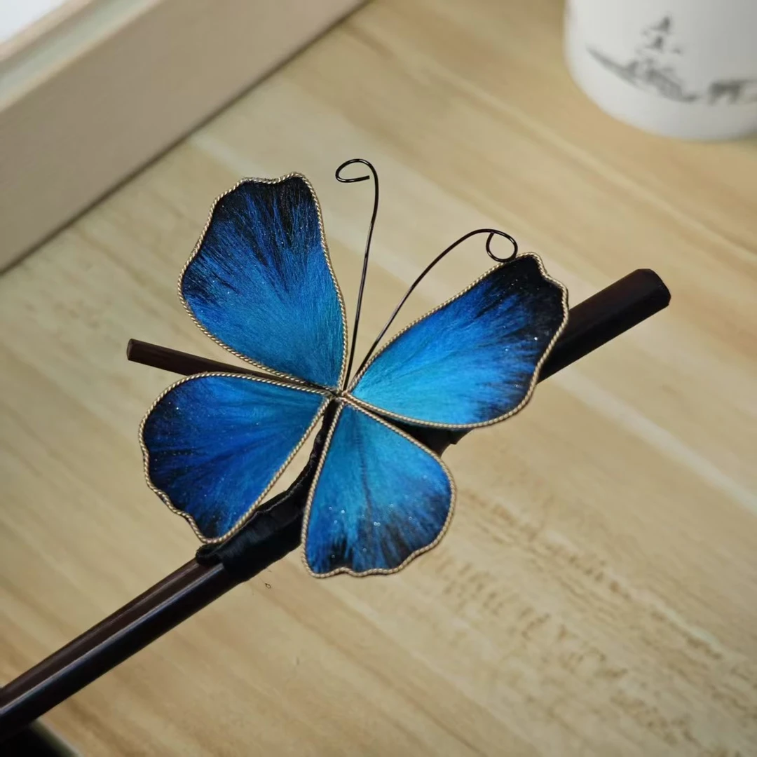 非遗绒花粉蓝渐变大闪蝶木簪