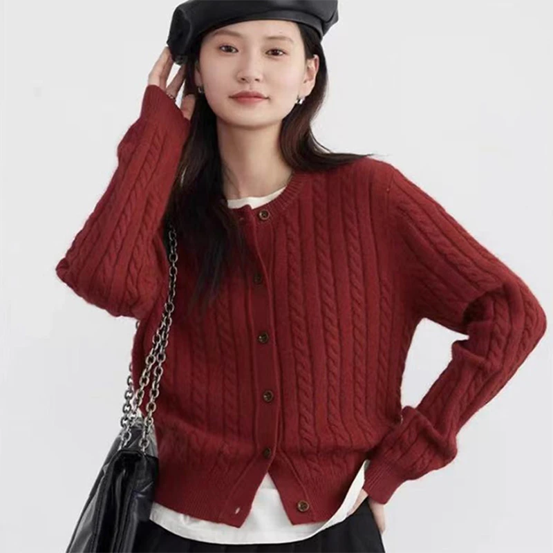 100%澳洲羊毛绞花毛针织开衫百搭时尚圆领羊毛开衫韩版长袖打底衫