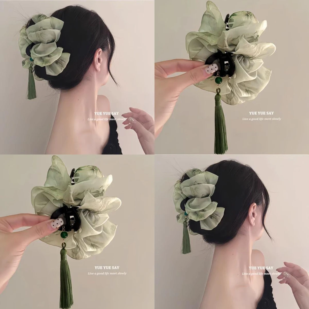 只此青绿~复古流苏云朵网纱抓夹新中式气质时尚鲨鱼夹旅行发卡
