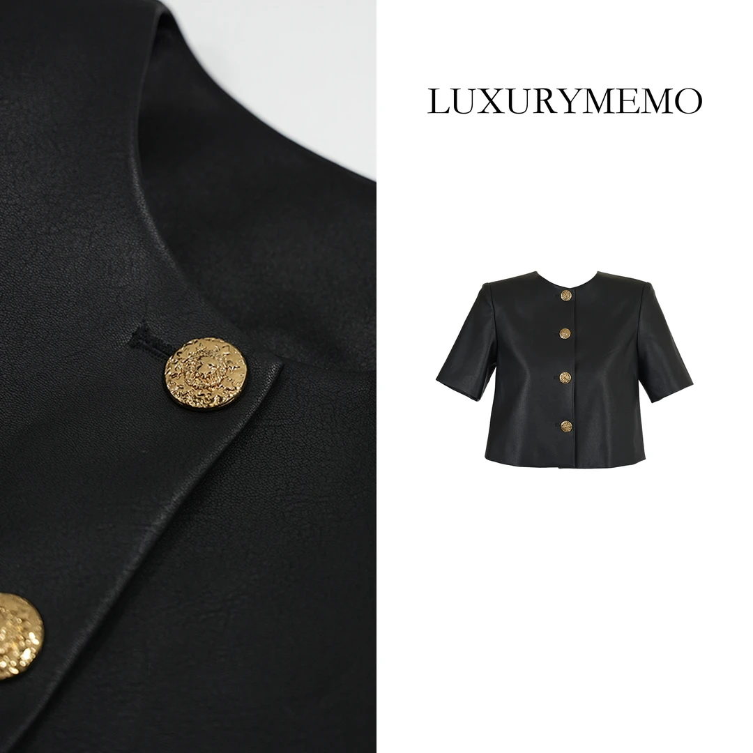 LUXURYMEMO【刘熊熊】夏季百搭气质单排扣开衫短袖外套金扣