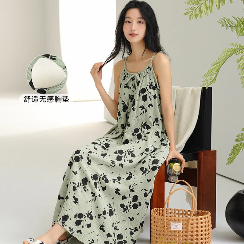纯棉带胸垫睡裙女士夏季碎花吊带居家休闲少女长裙全棉带口袋睡裙