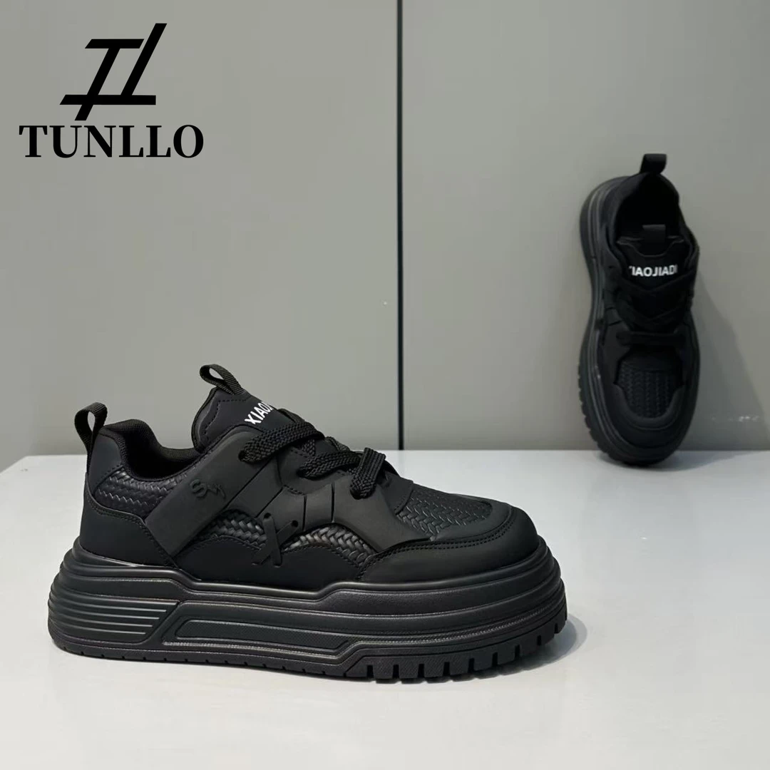 复古黑武士板鞋男秋季新款厚底增高编织皮面拼接透气运动休闲鞋男