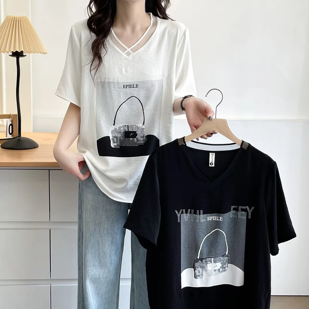 胖妹妹大码ins短袖T恤夏薄款欧根纱拼接V领宽松显瘦上衣120-200斤