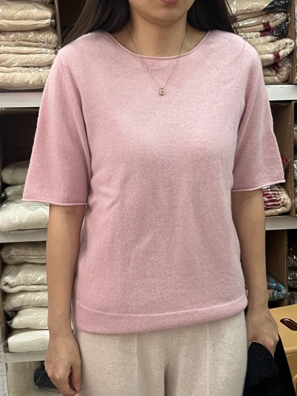 卷边加细闪圆领羊绒短袖 wp