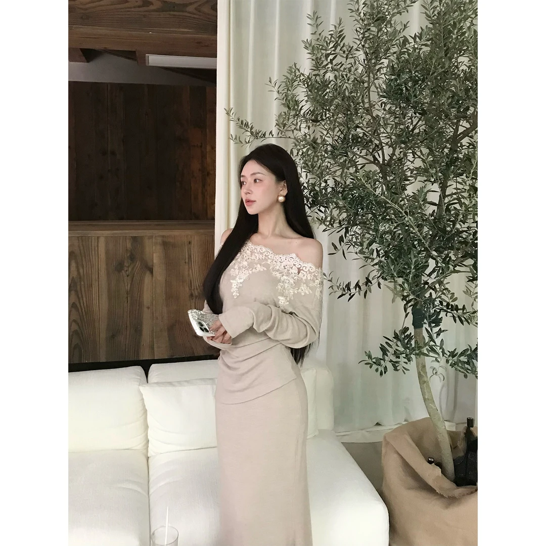 xinxin studio【浮金芳华】优雅气质千金感蕾丝针织长袖套装 25003