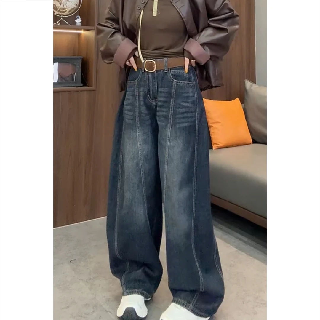 艾塔莉秋季女新款宽松牛仔裤微胖女生大码阔腿裤水洗复古百搭长裤