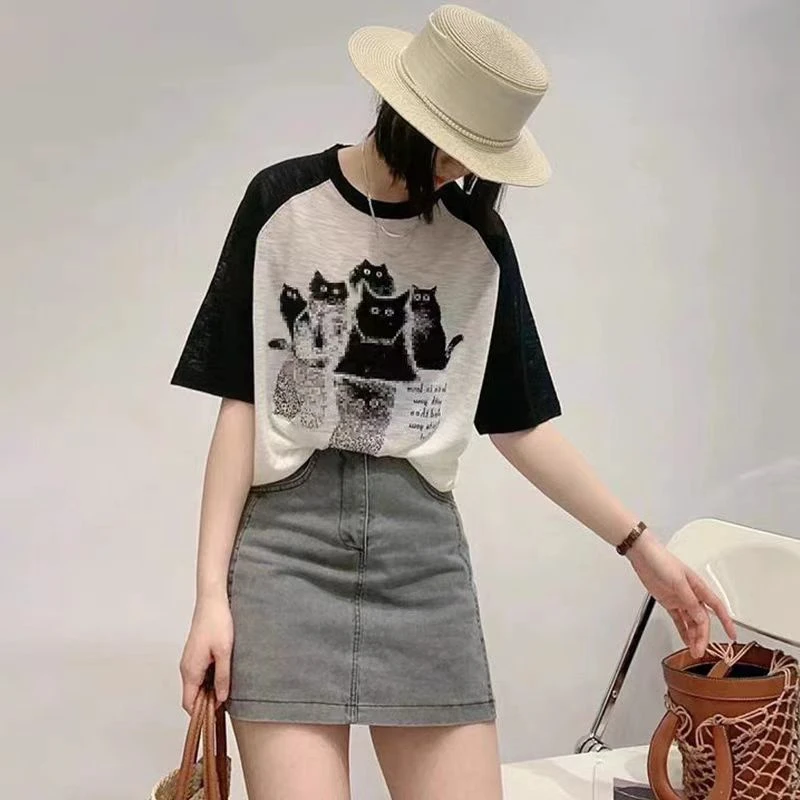【猫咪】短袖针织衫女2025年新款时尚爆款卡通宽松薄款t恤上衣