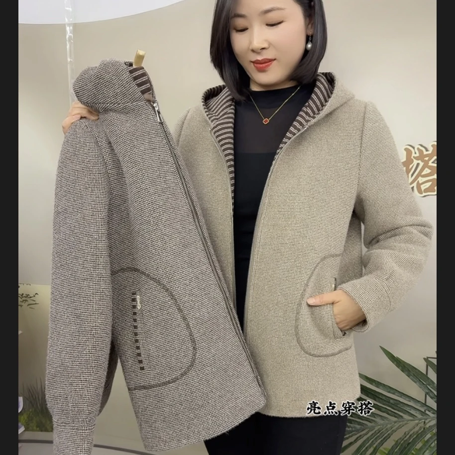 加棉连帽毛呢中老年妈妈装外套
