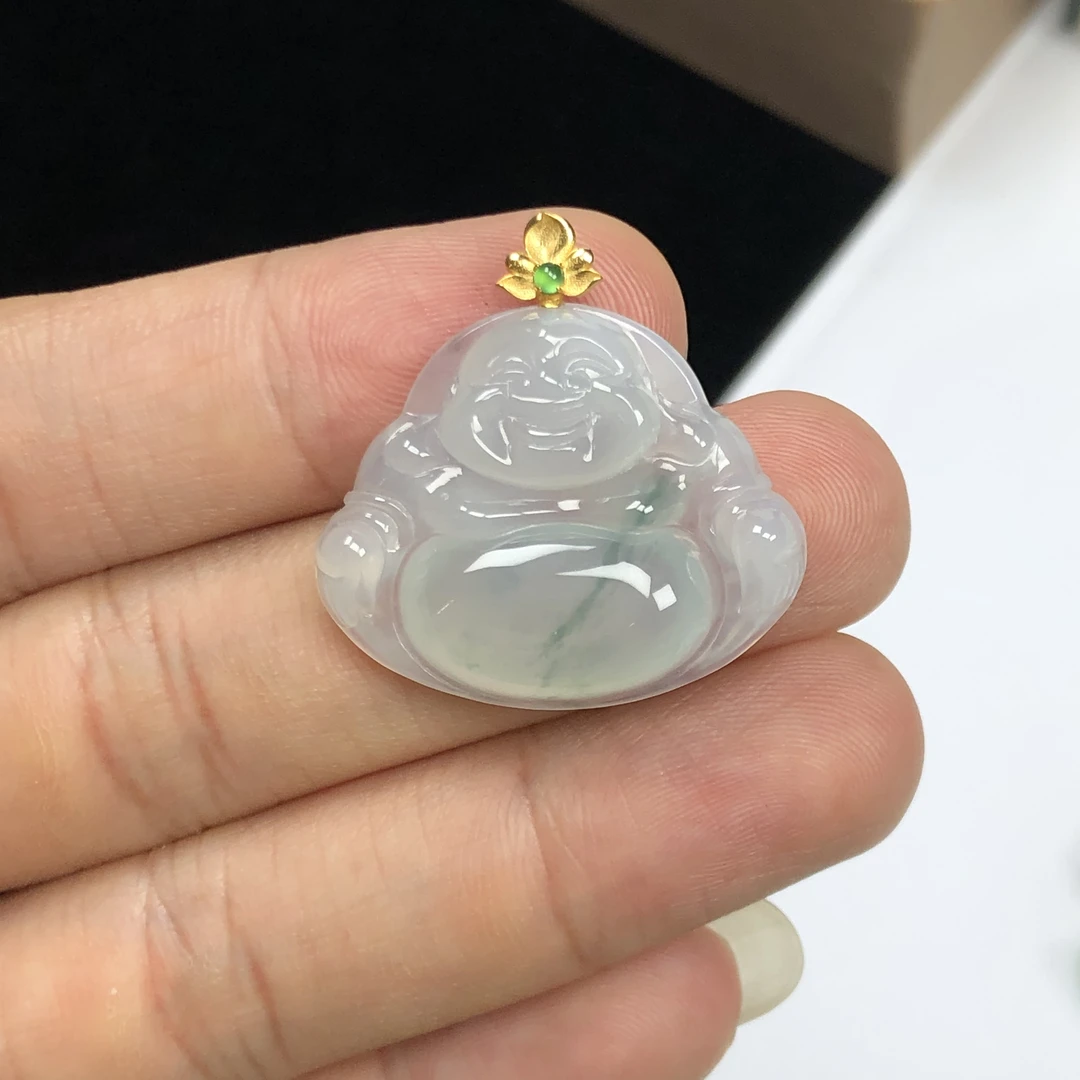 天然缅甸翡翠A货 冰种飘花佛公玉坠 果冻胶底大肚佛挂坠 冰润起胶