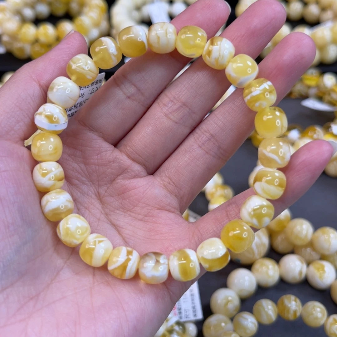 蜜蜡未镶嵌手串9mm金瓷白溶洞妖花