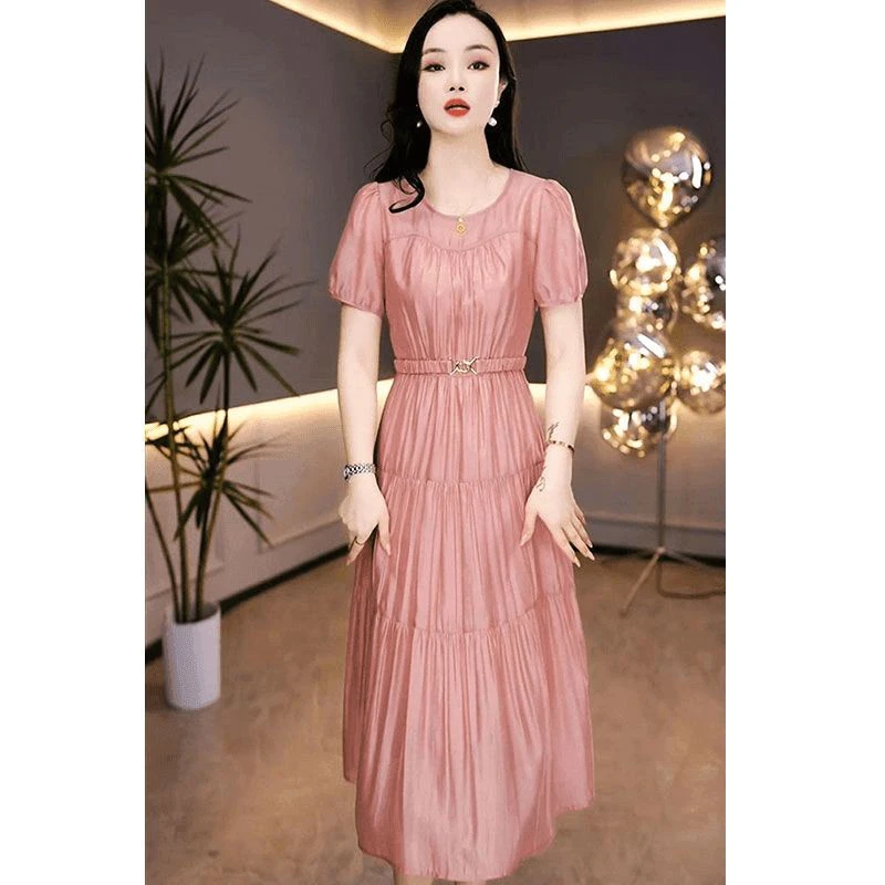 A842 夏季新款圆领时尚芭比粉光泽腰带立体裁剪双层短袖连衣裙