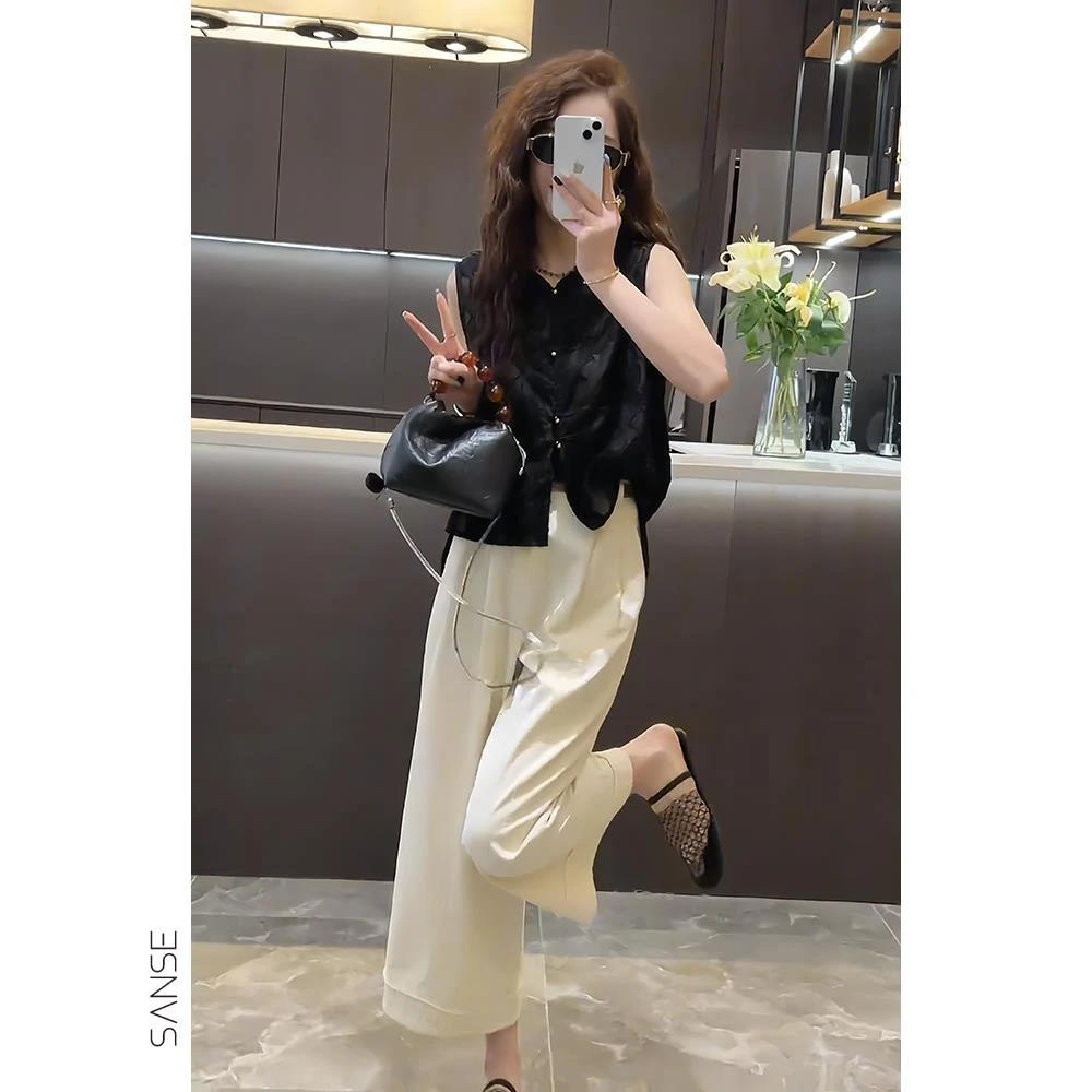 今年流行的漂亮套装新中式国风蕾丝无袖衬衫上衣休闲阔腿裤两件套