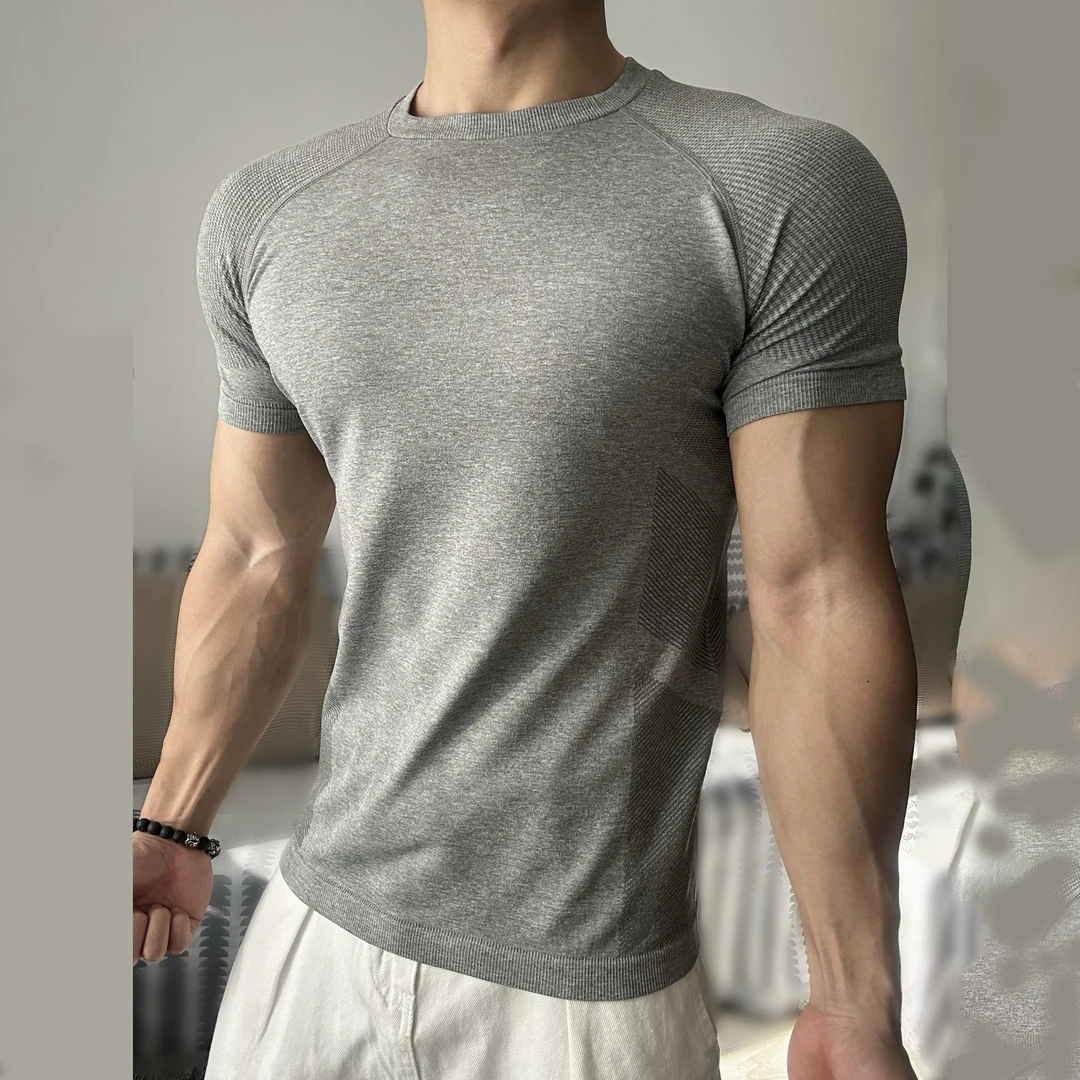 收袖口短袖t恤美式无缝提花运动速干训练健身弹力修身圆领紧身衣