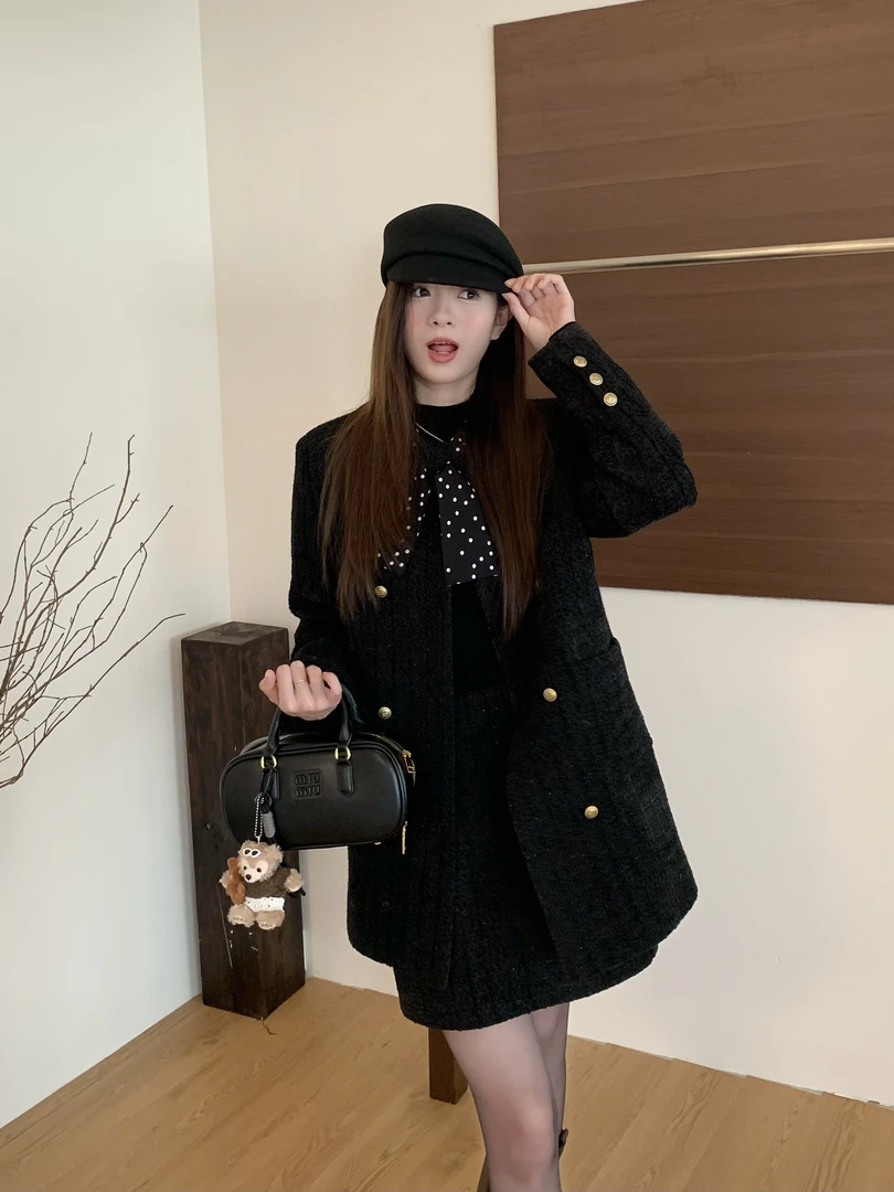 48H【富家女】轻奢法式赫本风系带粗花呢羊毛细闪小香羽绒服25277