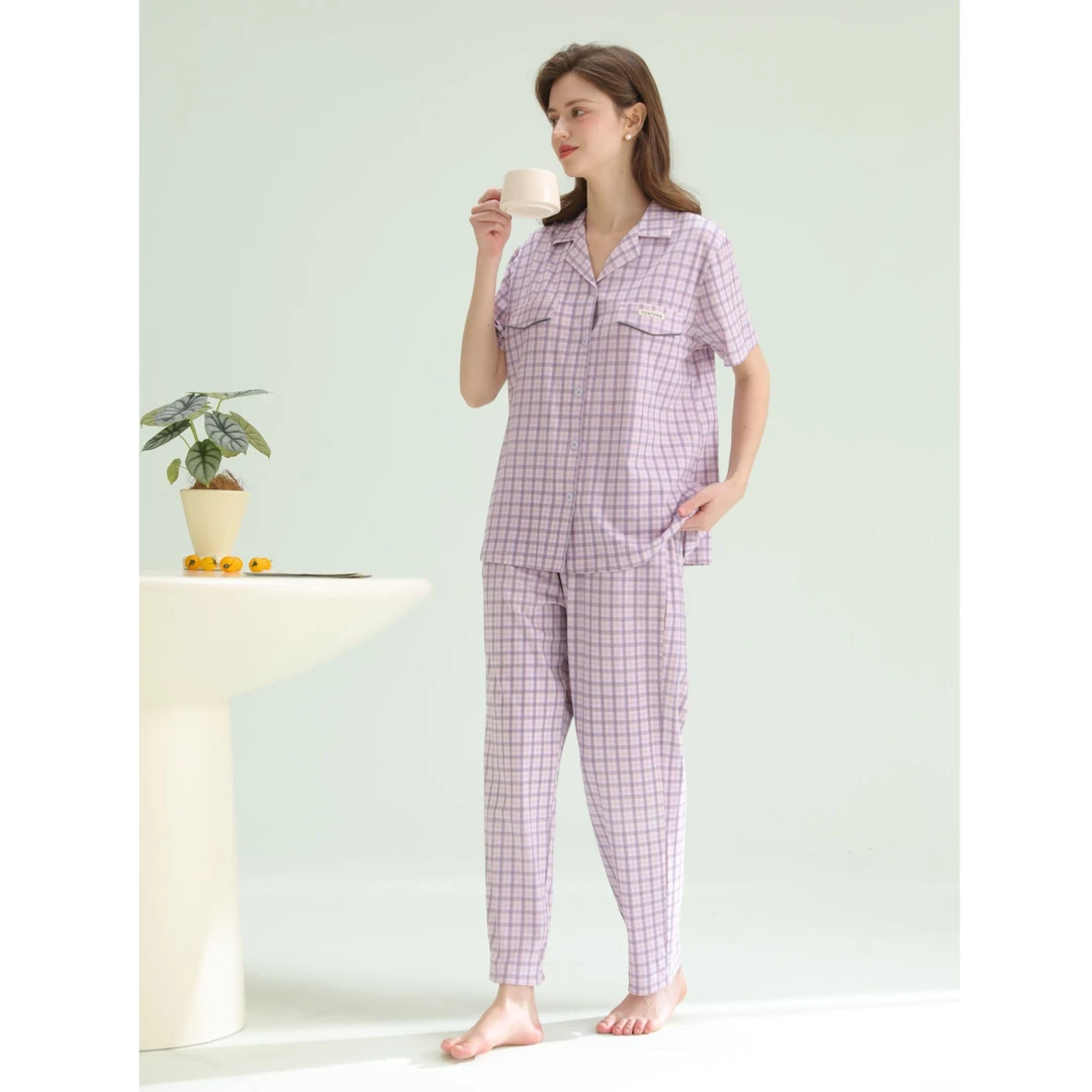 芬腾2025年春季新款格子纯棉开衫短袖带胸垫款家居服女士睡衣