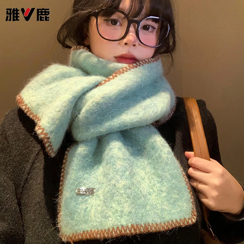 韩系氛围感绿色针织围巾女士冬季2026新款高级感锁边软糯围脖学生