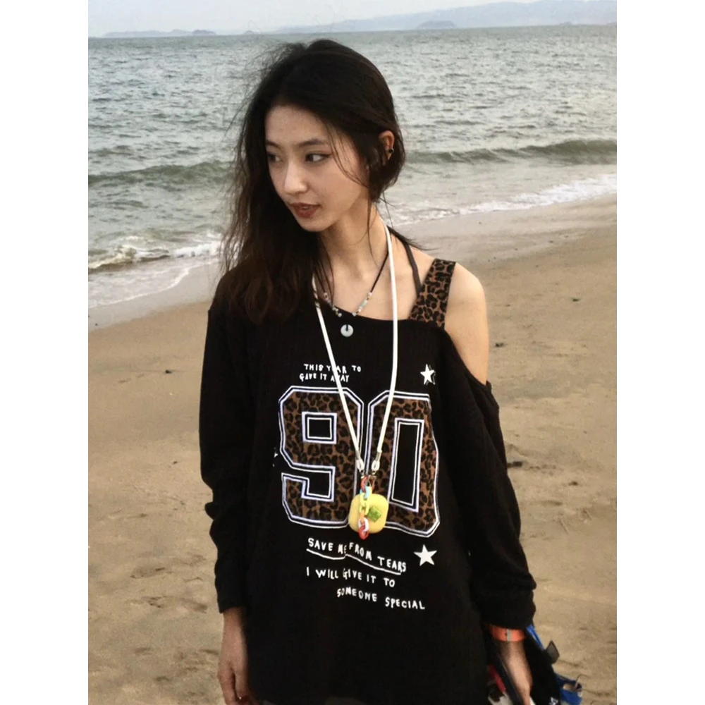 美式辣妹豹纹纯欲风印花拼接长袖T恤女宽松休闲显瘦露肩字母上衣