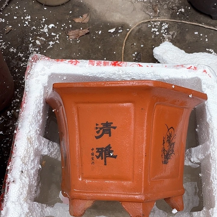 紫砂25红清雅六方花盆花盆