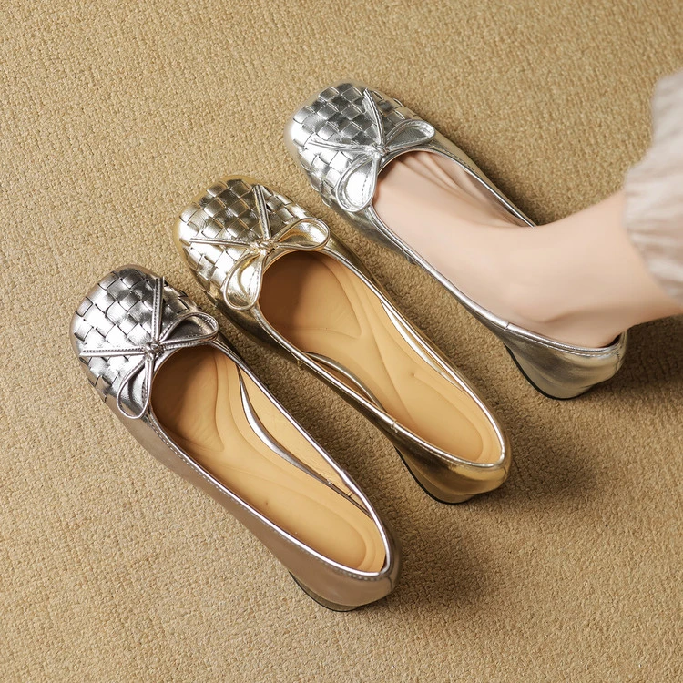 法式复古蝴蝶结编织浅口单鞋女低跟2025秋新款优雅真皮方头奶奶鞋