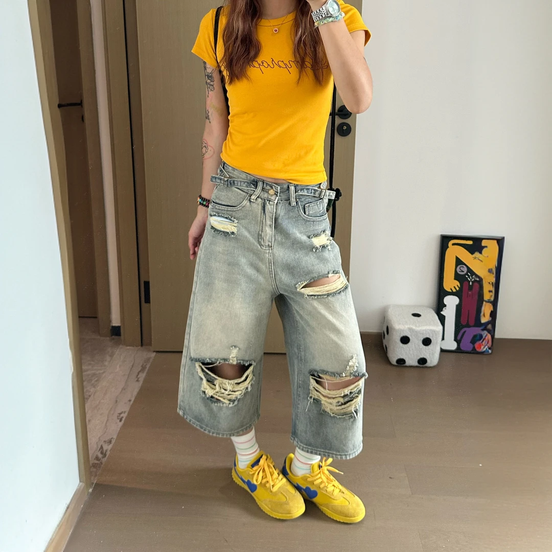 大码高腰破洞阔腿牛仔裤女夏季新款宽松休闲复古水洗直筒七分裤潮