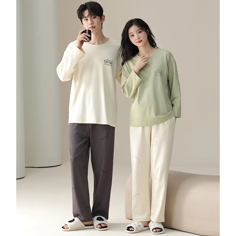 舒适透气纯棉情侣睡衣男士女士大码春秋季圆领卡通长袖长裤家居服