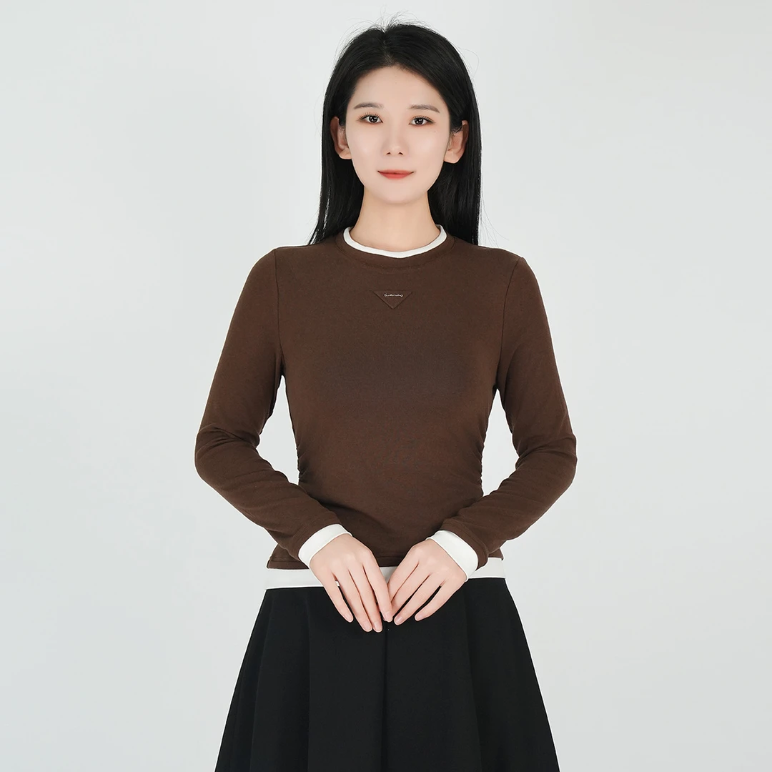 浒城古娘长袖打底衫圆领纯色拼色假两件上衣收腰显瘦WH05006810