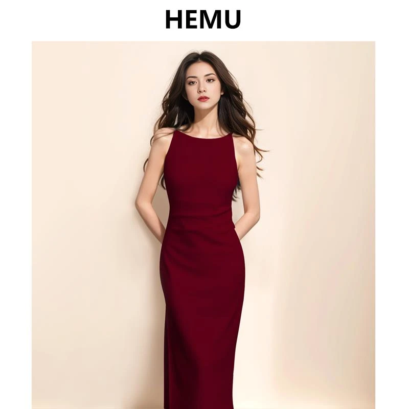 红色吊带连衣裙女夏法式收腰修身订婚礼服日常可穿气质高级感长裙