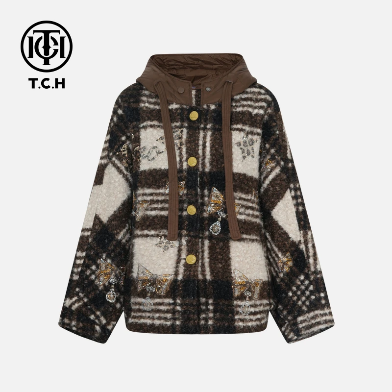 TCH【小香风外套】冬款慵懒风烫钻时尚淑女咖色外套T75D27E1011A