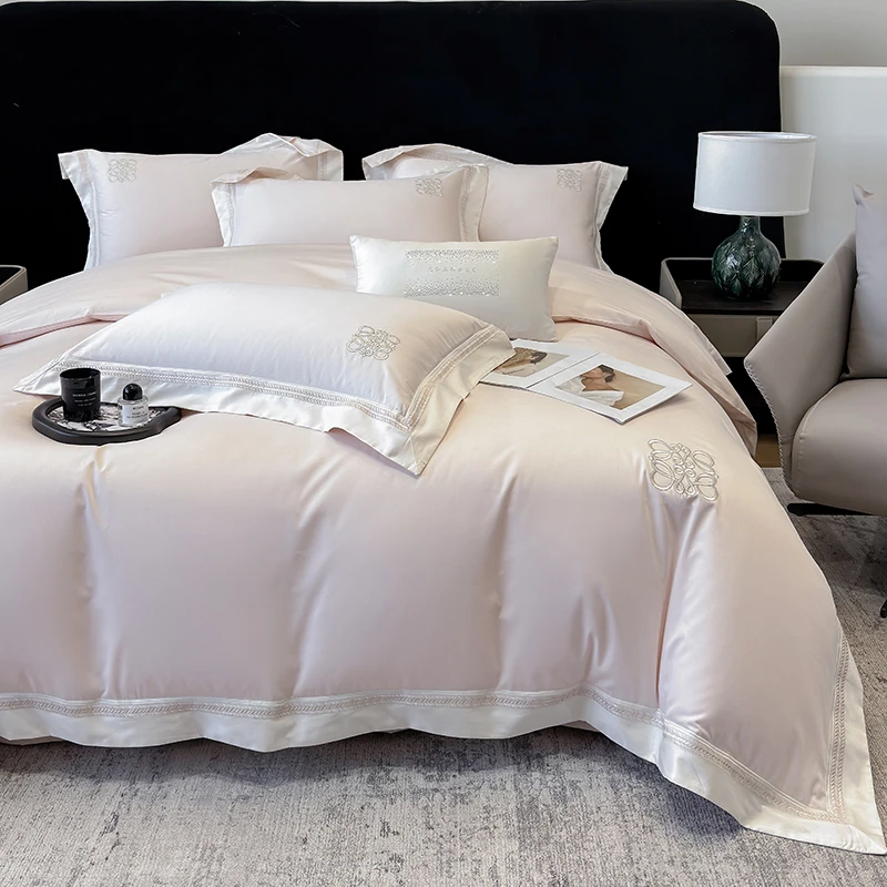 雅鹿轻奢纯棉四件套简约高端全棉绣花刺绣被套四季床单高级感被罩