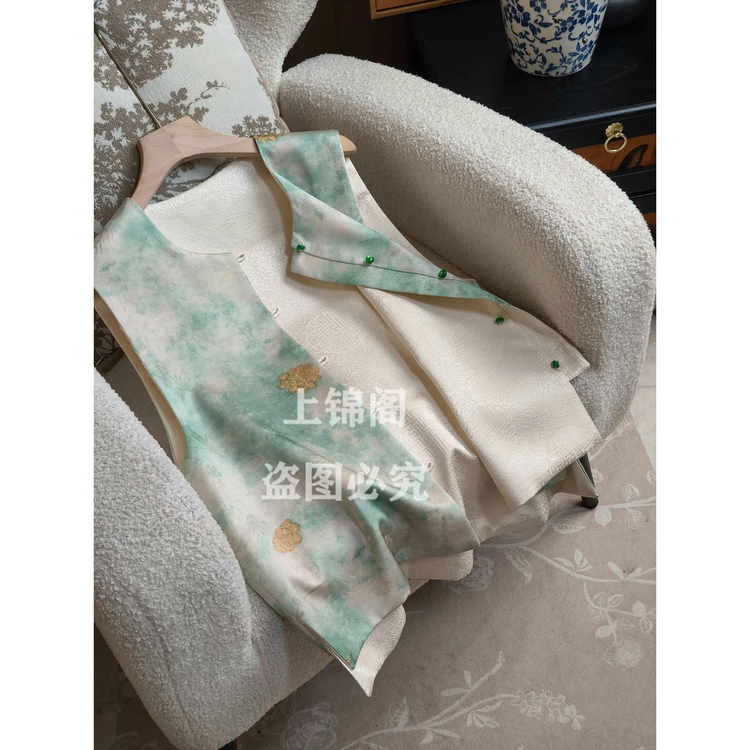 609新中式双面双穿直襟圆领马甲前短后长侧开叉马夹碎花夏季复古