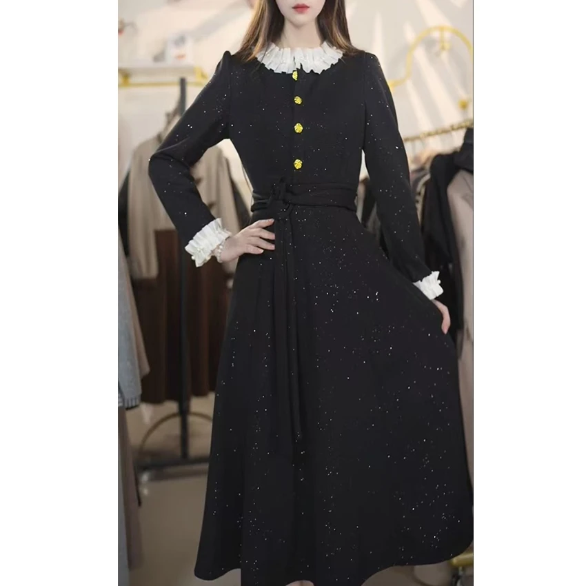 L7142中长款大码法式连衣裙气质连衣裙收腰遮字气质显瘦连衣裙女